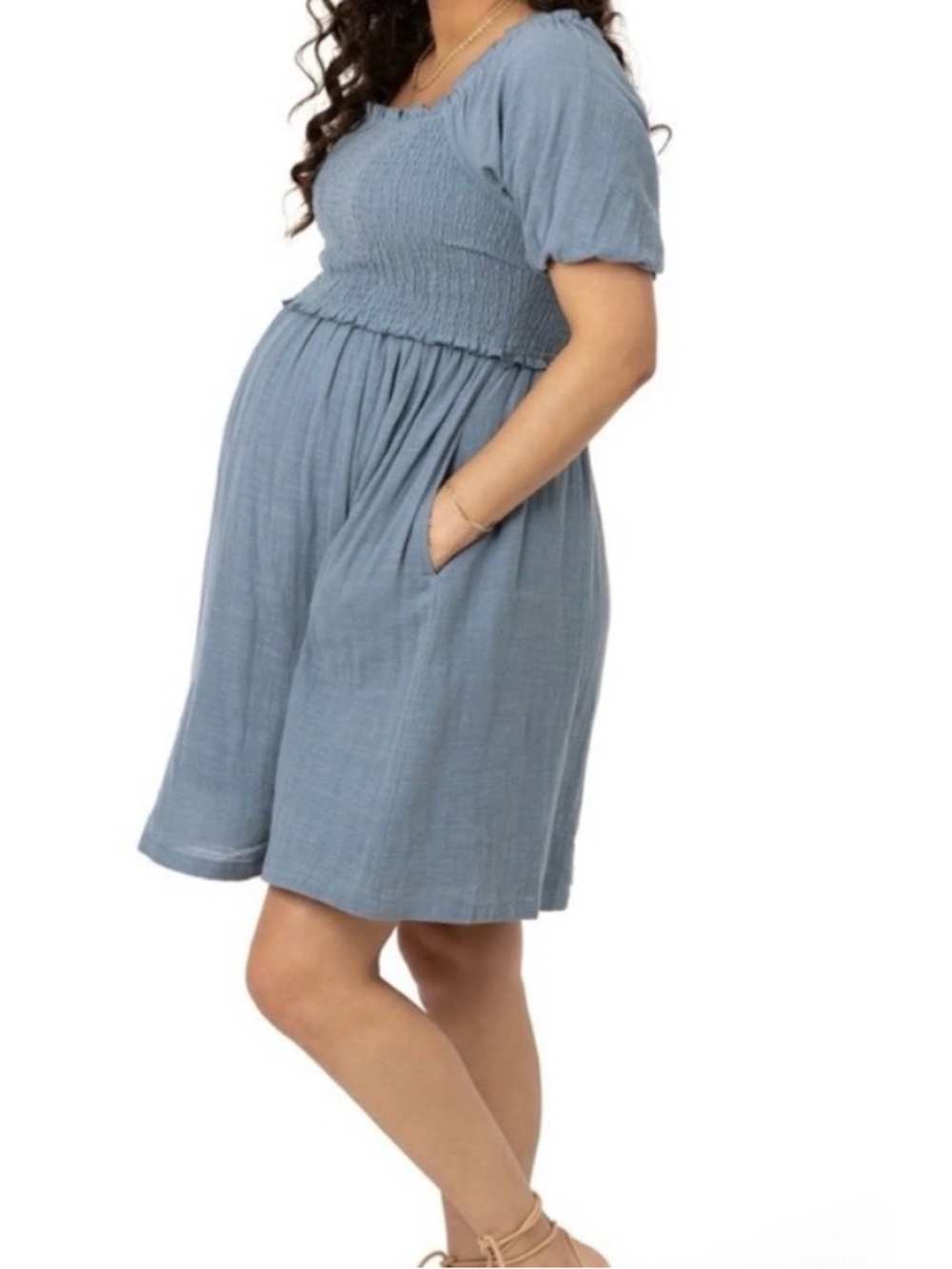NWT Kindred Bravely Smocked Waist Short Sleeve Blue Maternity Dress - Large